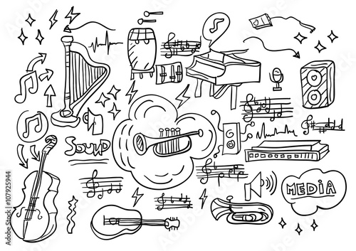 Music collage with icons background. Vector illustration