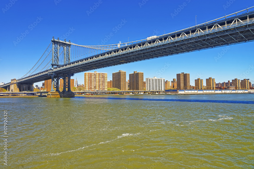 Panoramic view on Manhattan bridge over East River Panoramic view on Manhattan bridge over East River