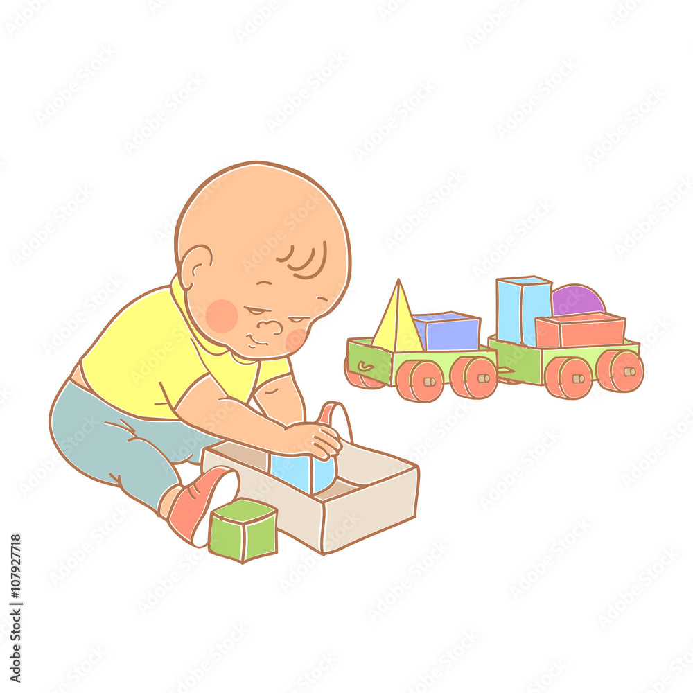 Little lovely baby boy playing with toys. Kid plays with constru