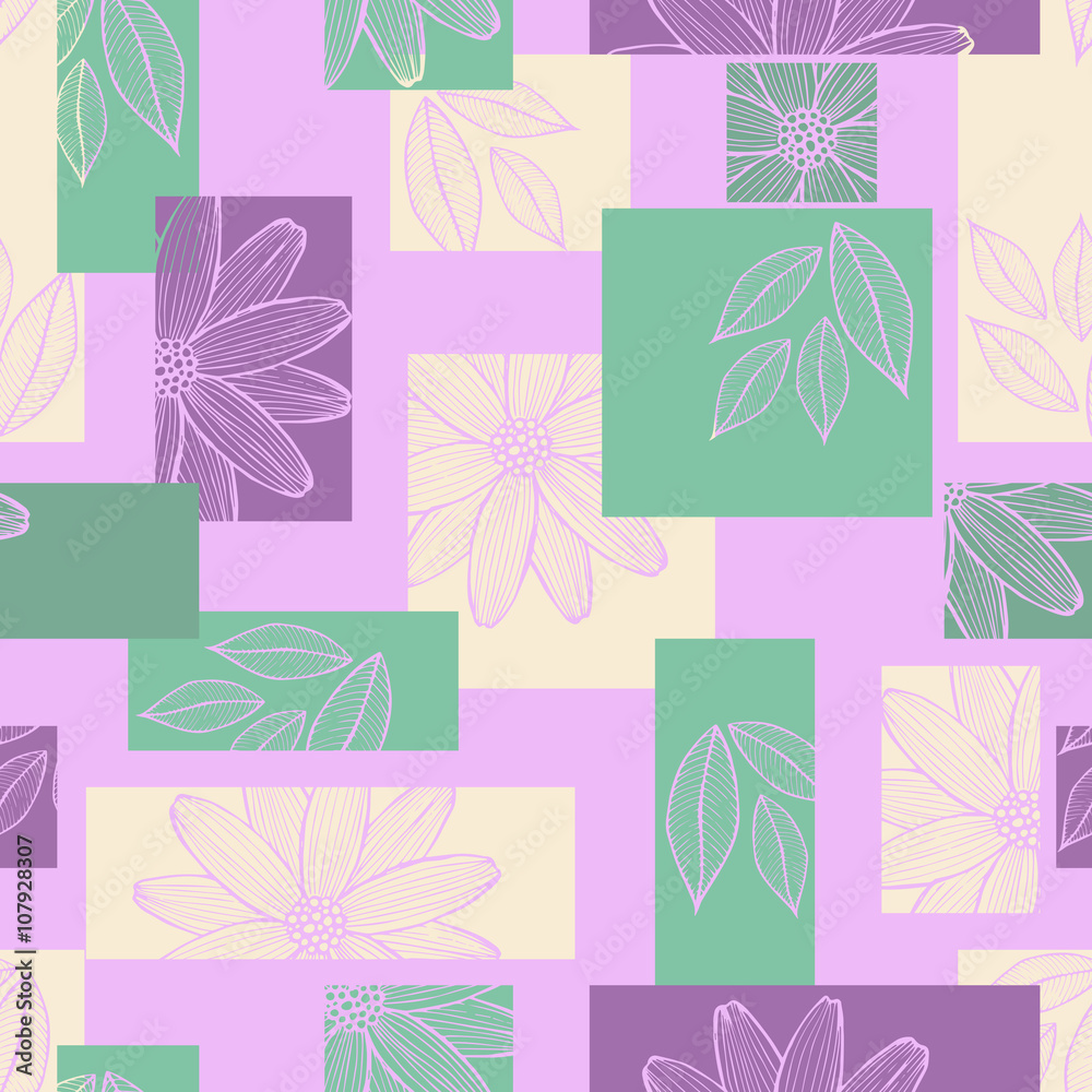 Seamless pattern of geometric shapes and flowers.