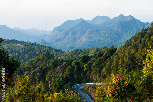 The way and mountain of Doi Angkhang in sunrise time, Chiang Mai