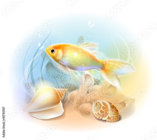 Goldfish in the sea. Illustration of the tropical underwater wor