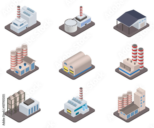 Industrial buldings - Simple vector isometric factory plants and factories icon set