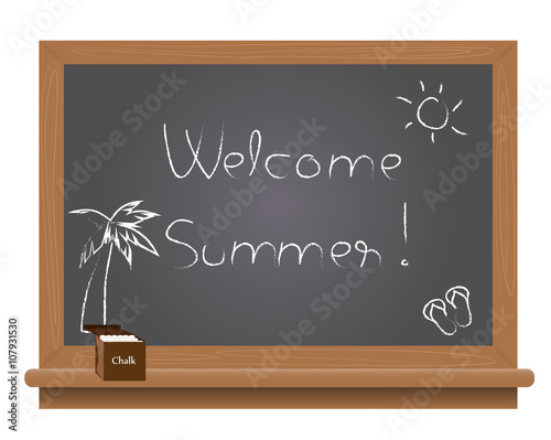 Welcome summer text on a school blackboard written with chalk.