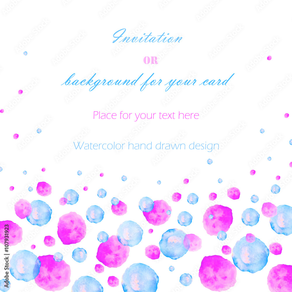 Background, template postcard with the watercolor pink, blue and purple bubbles (spots, blots), hand drawn on a white background, greeting card, decoration postcard or invitation