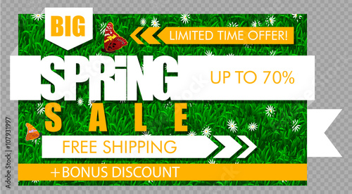 Big Spring Sale Banner. Vector grass and daisy background with flat white ribbon text and butterfly. Limited time offer, up to 70% off, free shipping, bonus discount. Seasonal clearance spring sale