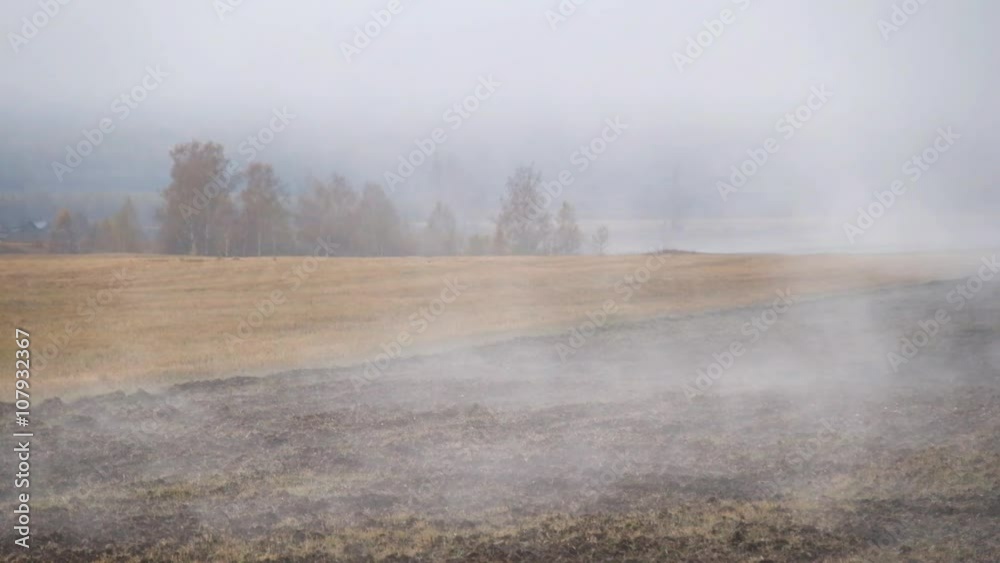 Arable land fallow in Altai near Multa village under morning mist wafts Arable land fallow in Altai near Multa village under morning mist wafts