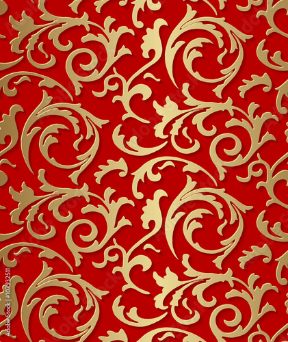 Vector baroque seamless damask golden floral texture. Luxury elegant pattern element for wrapping paper, fabric, background or wallpaper. 3D elements with shadow. Paper cut design