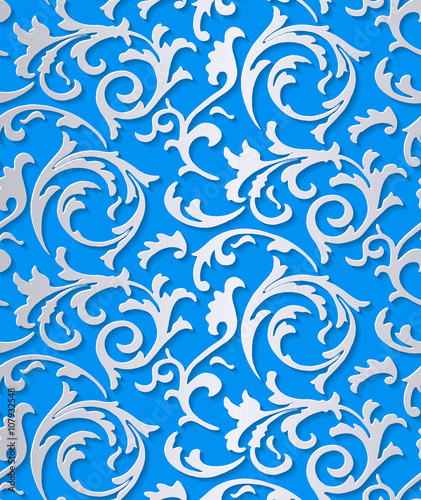 Silver seamless floral leaves texture background on blue. Luxury elegant modern volume curl pattern with shadow for wrapping paper, page fill or wallpaper in victorian style