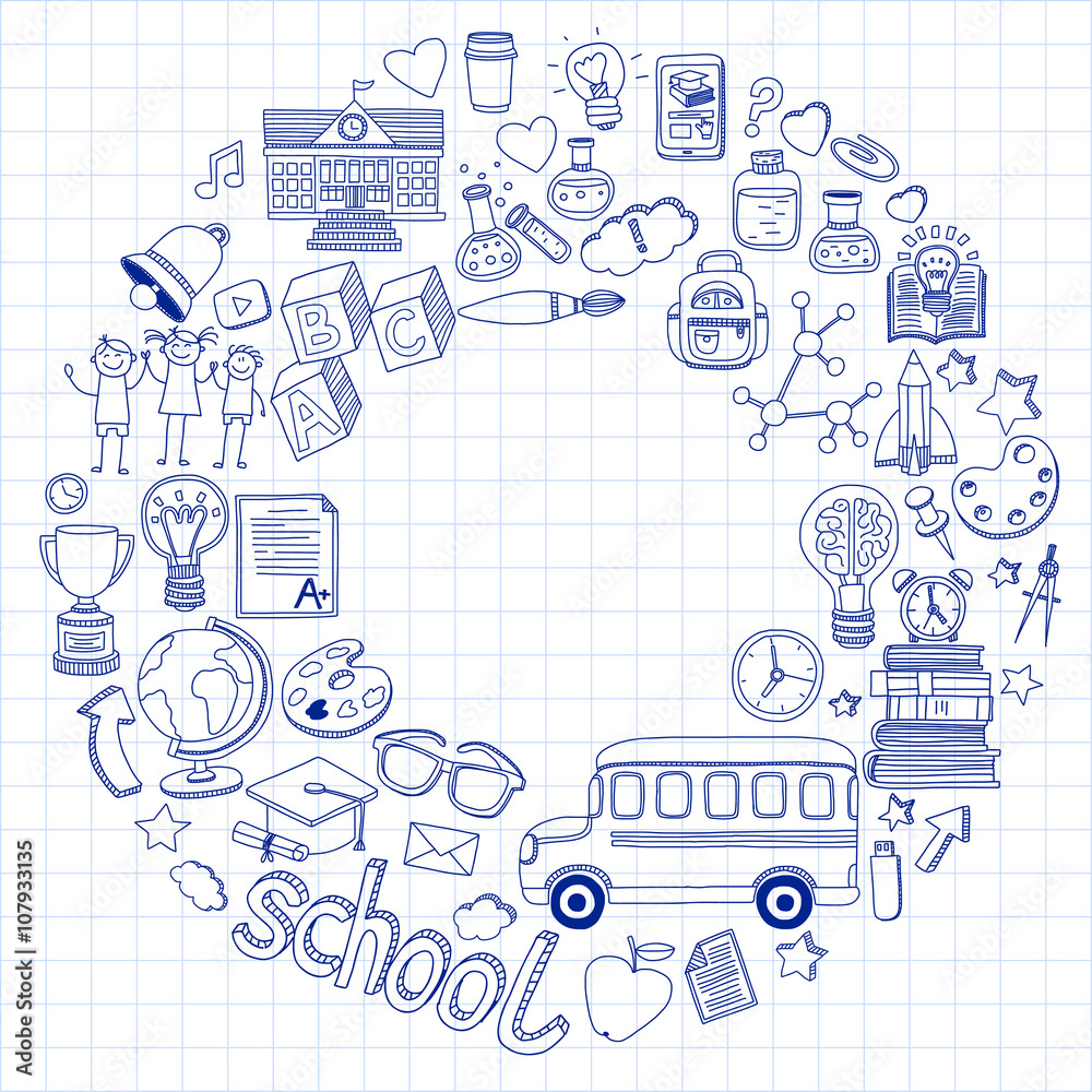 Naklejka premium Back to School doodle set. Linear icons