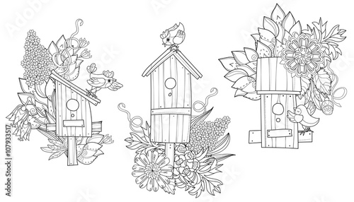 Hand drawn doodle outline spring nesting box decorated with floral ornaments.Vector hand drawn illustration.Floral ornament.Sketch for tattoo, poster, children or adult coloring pages.Boho style.