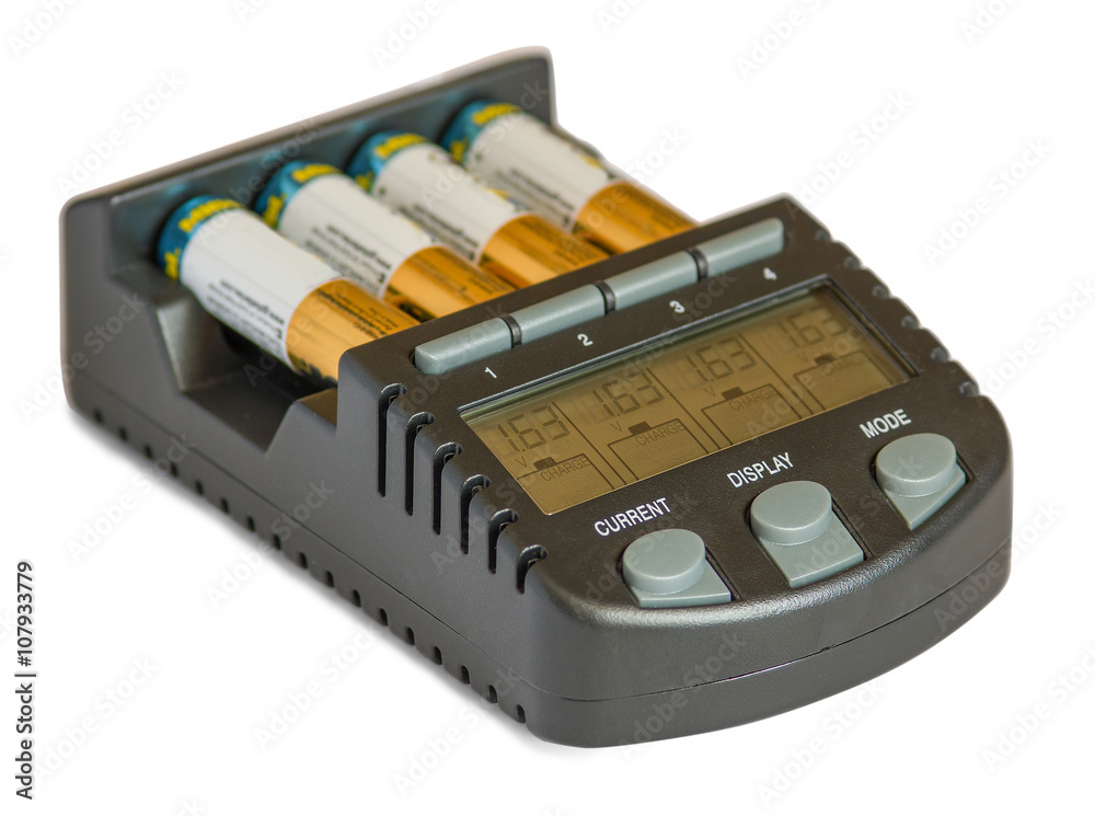 Power Battery Charger  with rechargeable batteries isolated on white background.  Technology concept.
