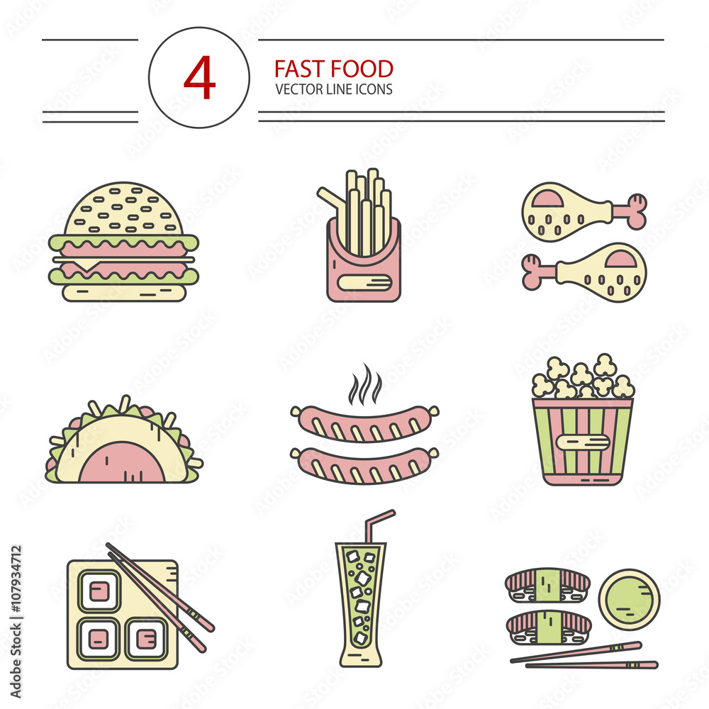 Modern line style vector color icons set of fast food, junk food. Tacos, chicken legs, popcorn, cheeseburger or hamburger, soda, hot sausage, french fries and sushi. Isolated on white background.