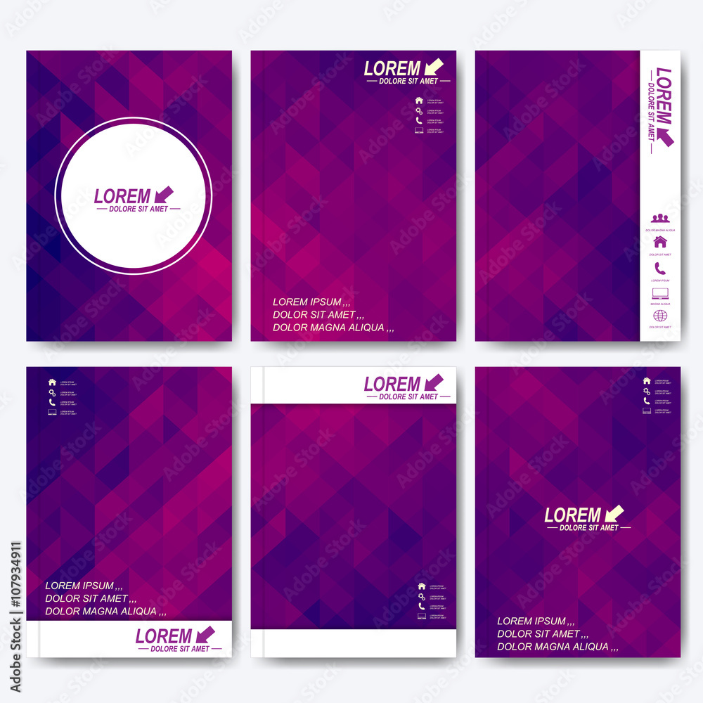 Modern vector templates for brochure, flyer, cover magazine or report in A4 size. Business, science, medicine and technology design . Background with purple triangles