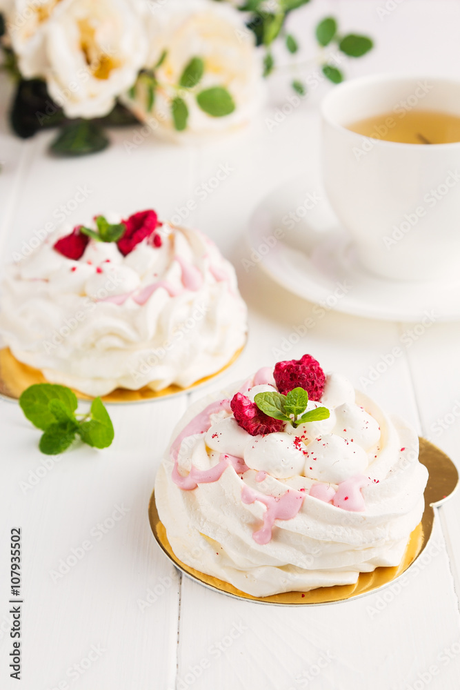 Mini pavlova with raspberries