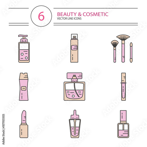 Vector modern line style color icons set of beauty, makeup and cosmetics products. Perfume bottle, shampoo, lipstick, lip gloss, nail polish, brushes, hair spray or deodorant spray, oil.