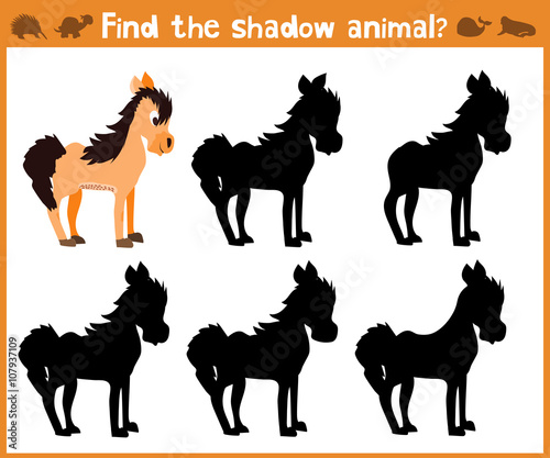 Cartoon vector illustration of education will find appropriate shadow silhouette animal horse. Matching game for children of preschool age.