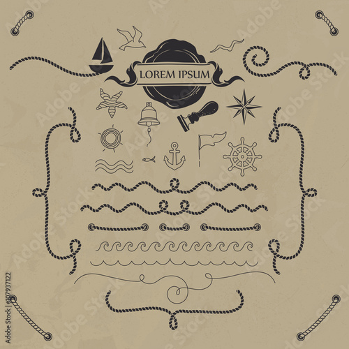 Vector set nautical elements. Hand drawn objects and rope borders. 