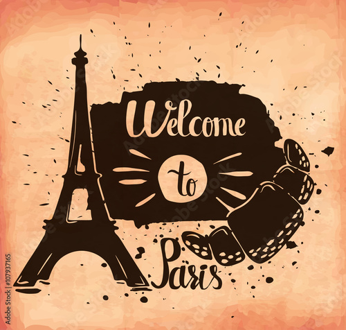 Retro hand lettering is a poster on the theme of travel and adventure abroad. France and attractions of Paris. Vector