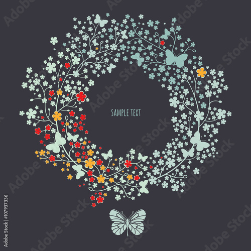 Floral wreath frame with butterflies.