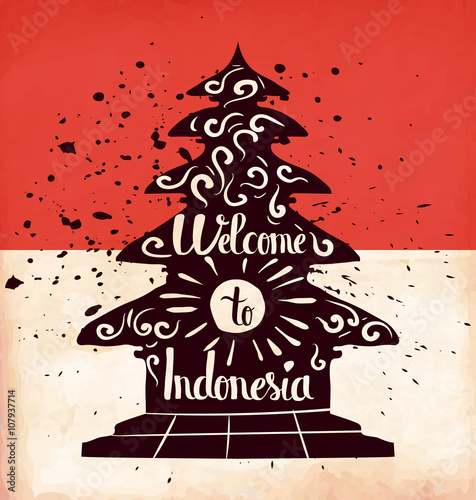 Colorful retro hand lettering is a poster on the theme of travel and adventure abroad. Familiarity with the culture of Indonesia. Vector