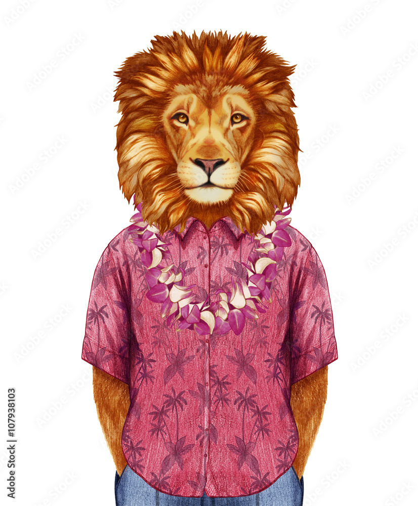 Naklejka premium Portrait of Lion in summer shirt with Hawaiian Lei. Hand-drawn illustration, digitally colored.