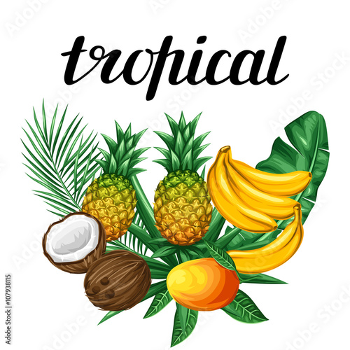 Fototapeta Naklejka Na Ścianę i Meble -  Background with tropical fruits and leaves. Design for advertising booklets, labels, packaging, textile printing
