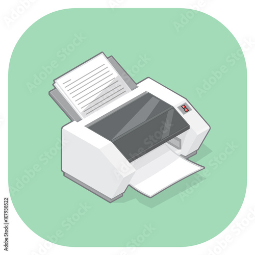 PC printer with lined paper documents.
Vector illustration icon of a printer with paper document printouts.