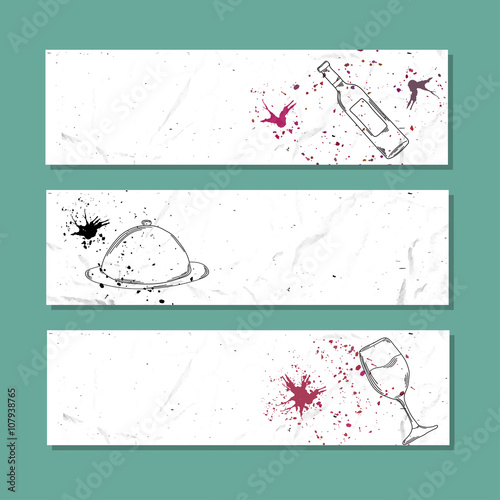 Isolated crumpled paper banner for your design. Glass bottle and glass of red wine with splashes for restaurants, bars and cafes. Vector