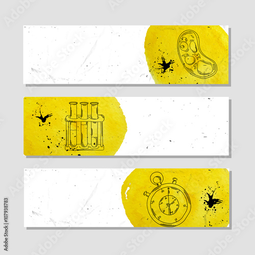 Isolated crumpled paper banner for your design. Instruments to study and conduct experience in the chemical, scientific or biological laboratory. Vector