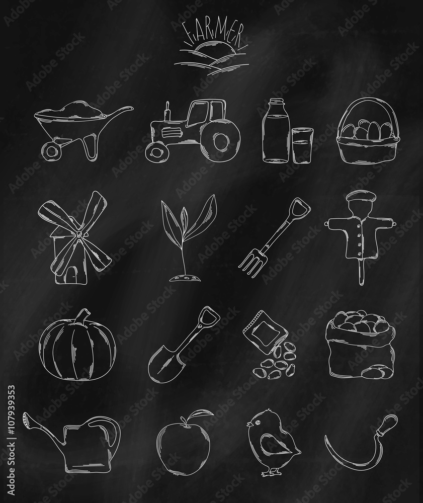 Fotografie Linear hand drawn icons on chalk Board