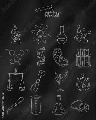 Linear hand drawn icons on chalk Board. Accessories belonging to the scientist, the expert or the chemical laboratory. Vector
