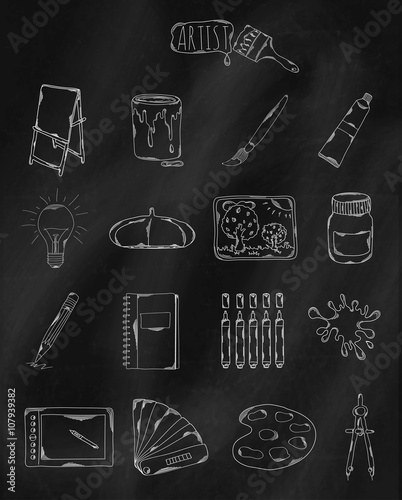 Linear hand drawn icons on chalk Board. Accessories owned by the artist, designer and Illustrator. Vector