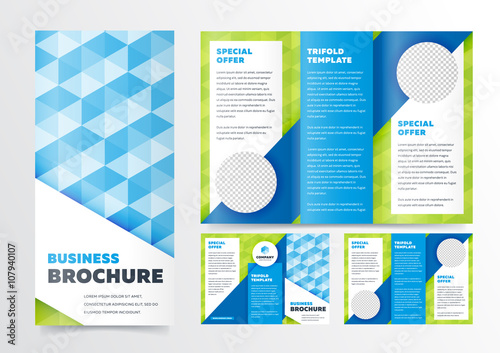 Trifold business brochure design template. Vector flyer, leaflet or booklet design. Tri fold. 