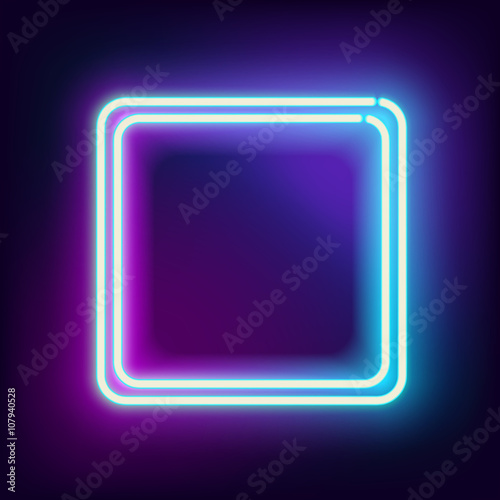Neon square. Neon blue light. Vector electric frame. Vintage frame. Retro neon lamp. Space for text. Glowing neon background. Abstract electric background. Neon sign square. Glowing electric frame