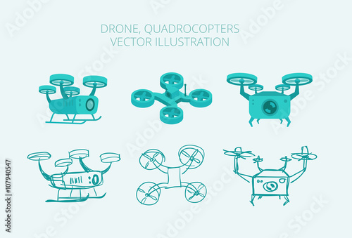 Drone quadrocopters different types, isometrics