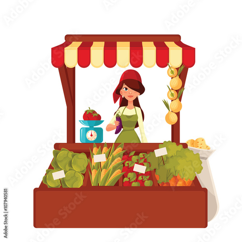 Sale of farm vegetables in the market, vector cartoon woman sells fresh vegetables and fruits at the market, retail sales of fresh homemade products, agricultural products