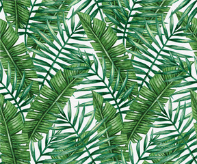 Watercolor tropical palm leaves seamless pattern. Vector illustration. 