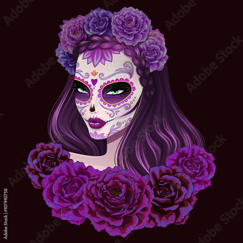 Beautiful sugar skull woman illustration. Day of dead vector illustration. 