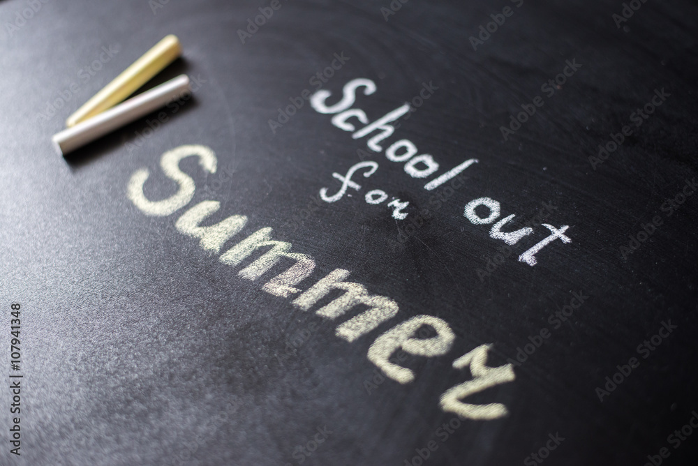 Fototapeta premium The words School's Out written on a chalkboard