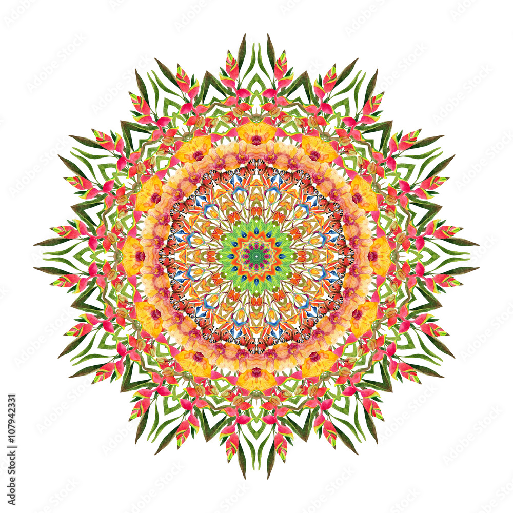Naklejka premium Watercolor tropical floral mandala. Natural lace isolated on white background.
