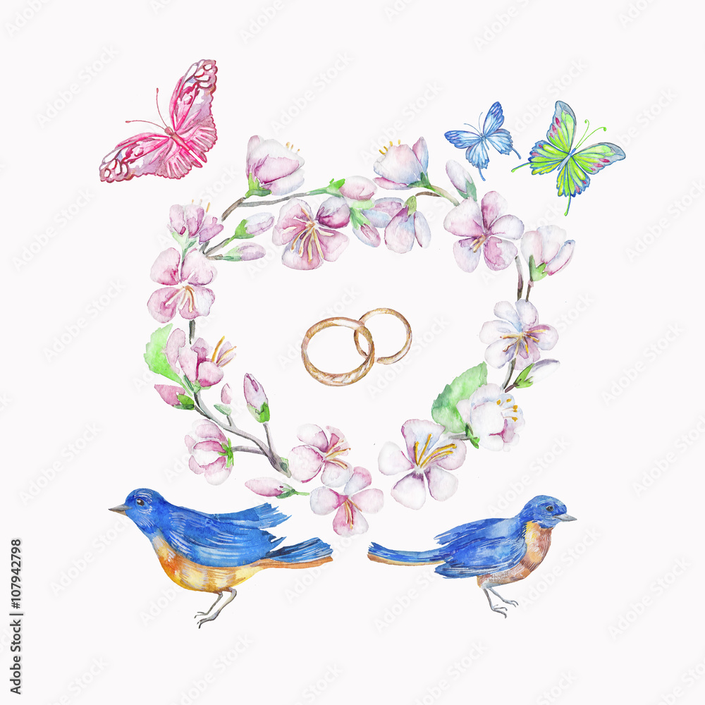 Bird, rings, cherry, apple, flowers, butterfly. Watercolor isolated object.