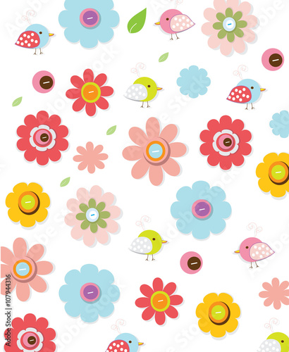 beautiful colorful background with decorative flowers and birds, for children, you can use for printing on fabric