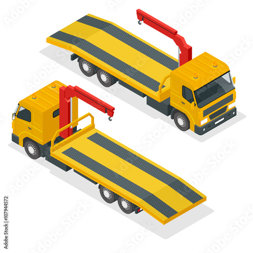 Tow truck isometric vector. Car towing truck 3d flat illustration. Tow truck for transportation faults and emergency cars isometric illustration isolated on white background. City transport 