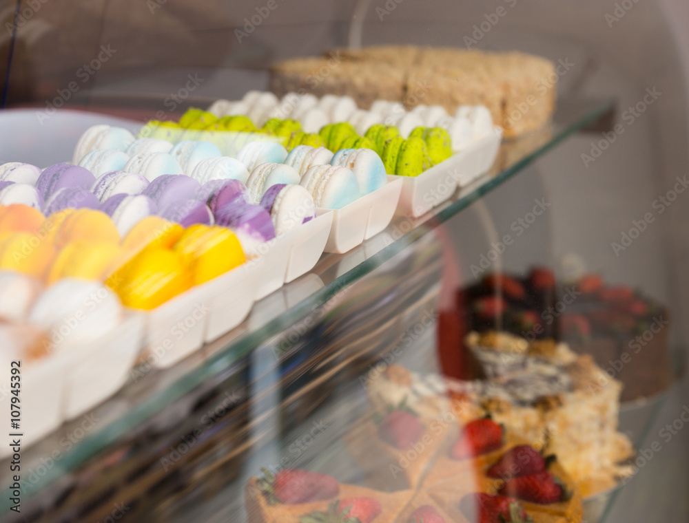 French macarons on display in a bakery