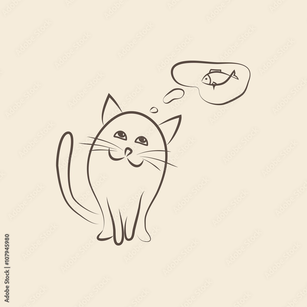 Obraz premium Cat thinks about fish. Vector illustration