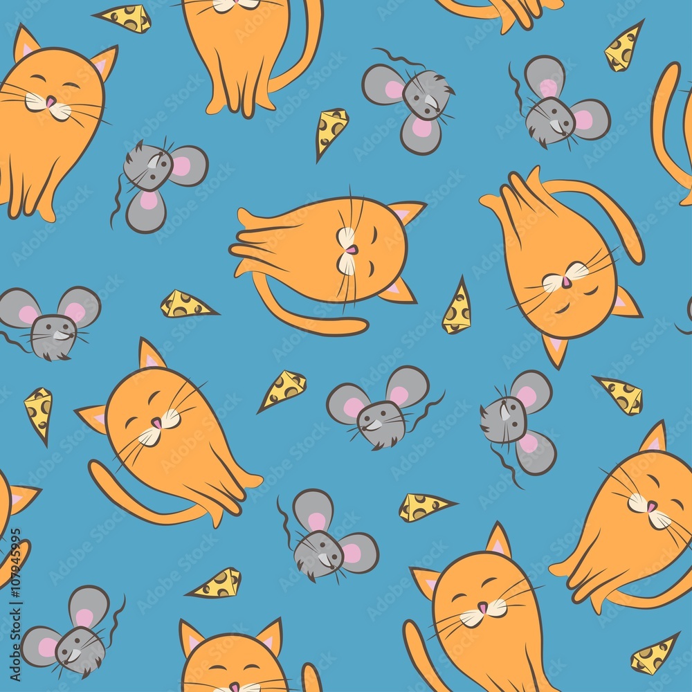Fototapeta premium Seamless pattern whith cats and mouses. Color doodle. Vector ill
