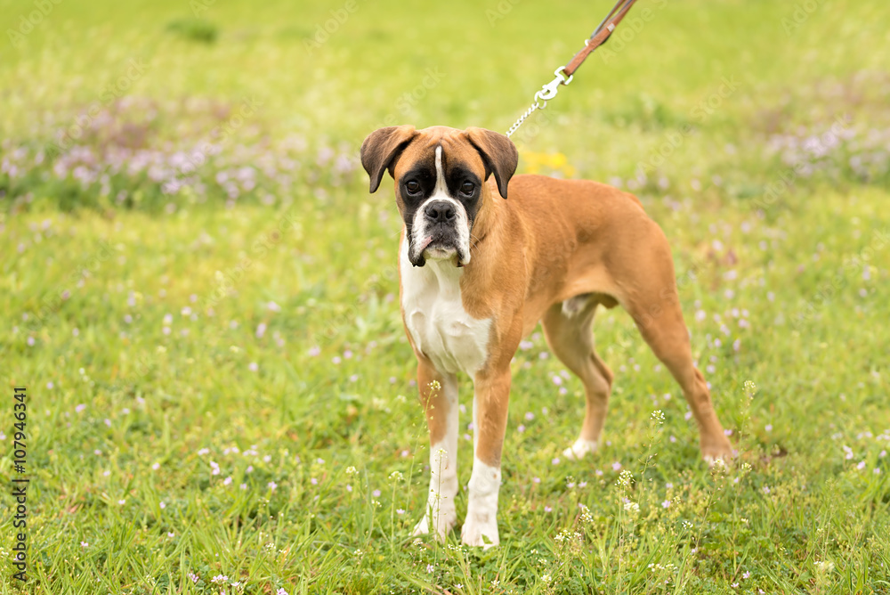 Boxer dog in the green field