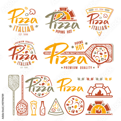 Set of pizzeria labels, badges, and design elements