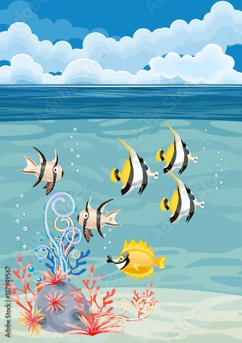 underwater landscape background with fishes